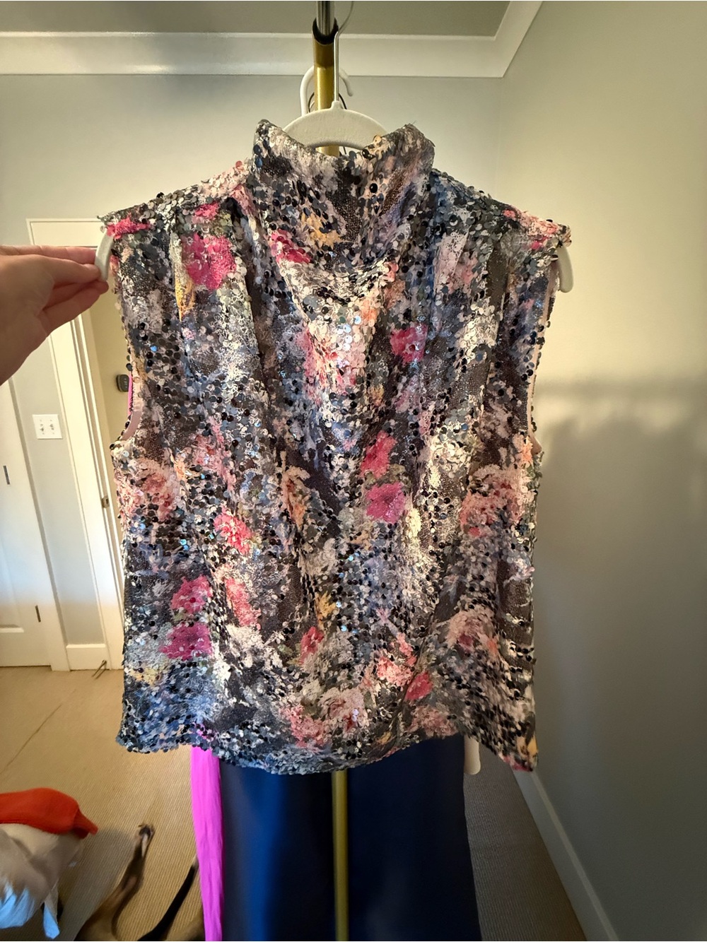 Amanda Uprichard Sleeveless Sequin Floral Mock Neck Top - Pink/Gray